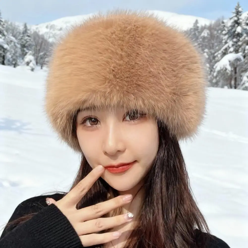 Cappello mongolo in peluche spesso e caldo per donna Berretto invernale a tesa larga con parte superiore piatta, copricapo alla moda a prova di freddo per l'inverno