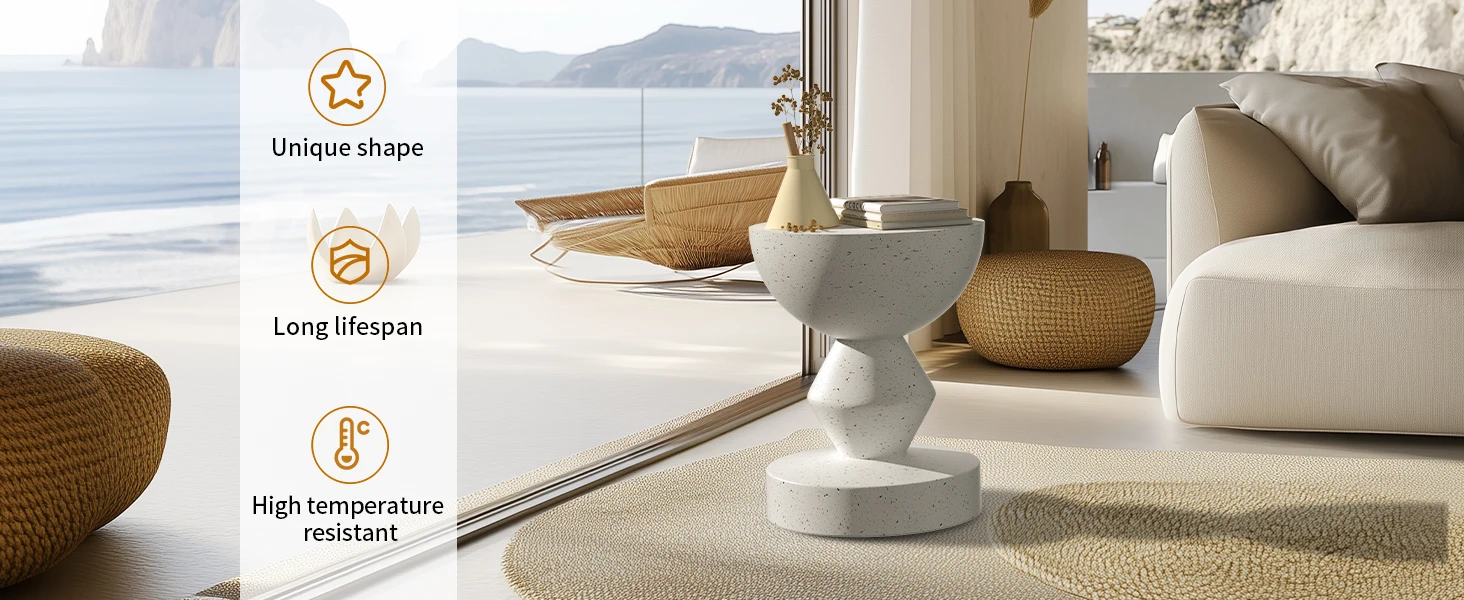 Modern White Lightweight Concrete Side Table Accent End Table for Living Room Bedroom Sofa