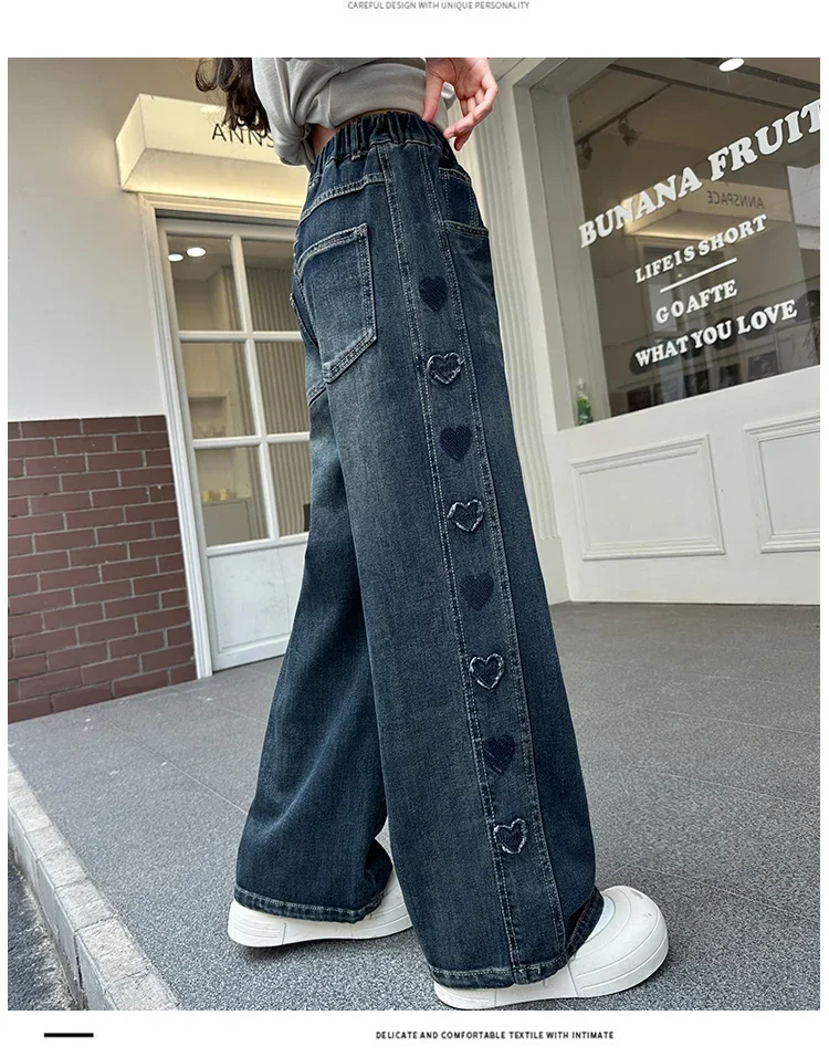 ZOETOPKID Herbst Teenager Mädchen Herz Jeans Mode Retro Weites Bein Gerade Denim Hosen Kinder Casual Streetwear Jeans Hosen – Detail 4
