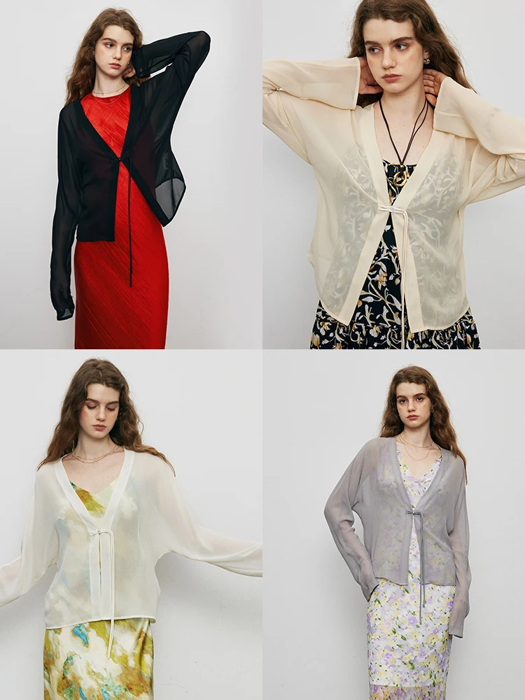 

Sun Protection Silk Chiffon Women's irt V-ne Button-up Traditional Chinese Sle Long Sve Thin Fabric Commute Faion