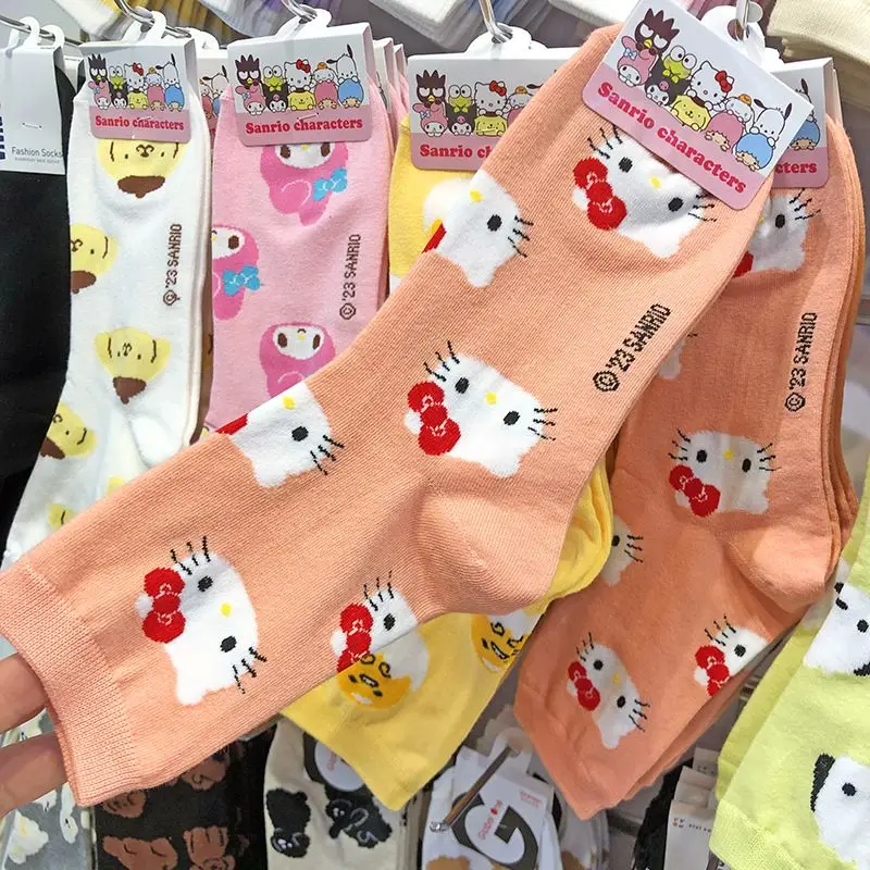 Kawaii Hello Kitty Full Printing Cartoon Middle Tube Socks Anime Kuromi Cinnamoroll Lovely Girl Leisure Time Sports Socks New