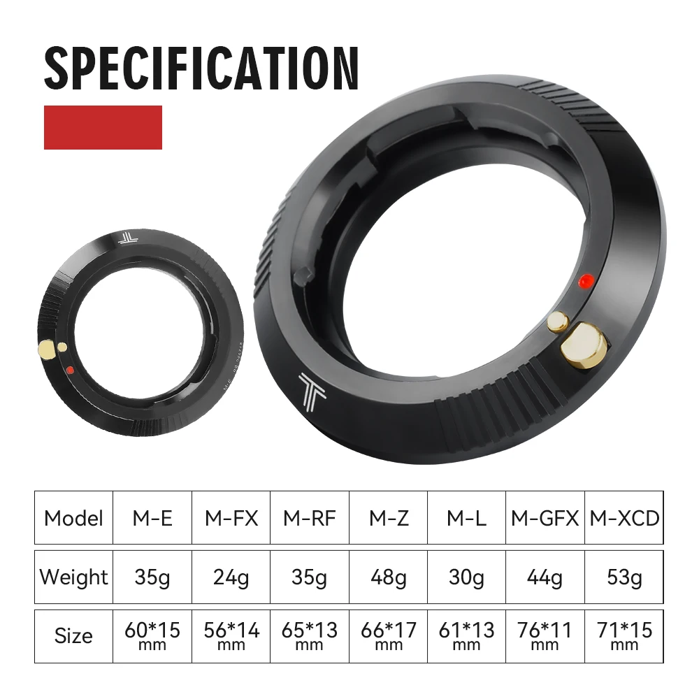 TTArtisan Lens Adapter Ring M-E M-RF M-FX M-GFX M-Z M-L M-XCD for Leica M Lens to Sony E Canon R Nikon Z Fuji X GFX Leica L