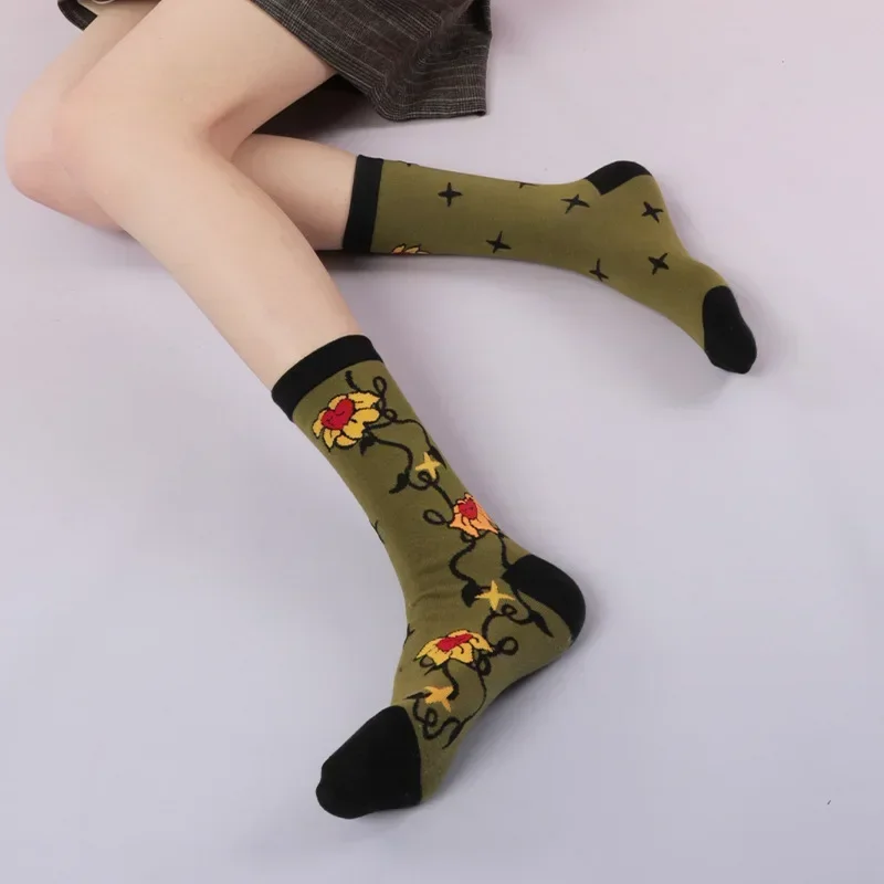 New Products Flower Heart Socks Illustration Cartoon Personality Niche Funny Long Sock Women Female Cute Cotton in Tube Socks