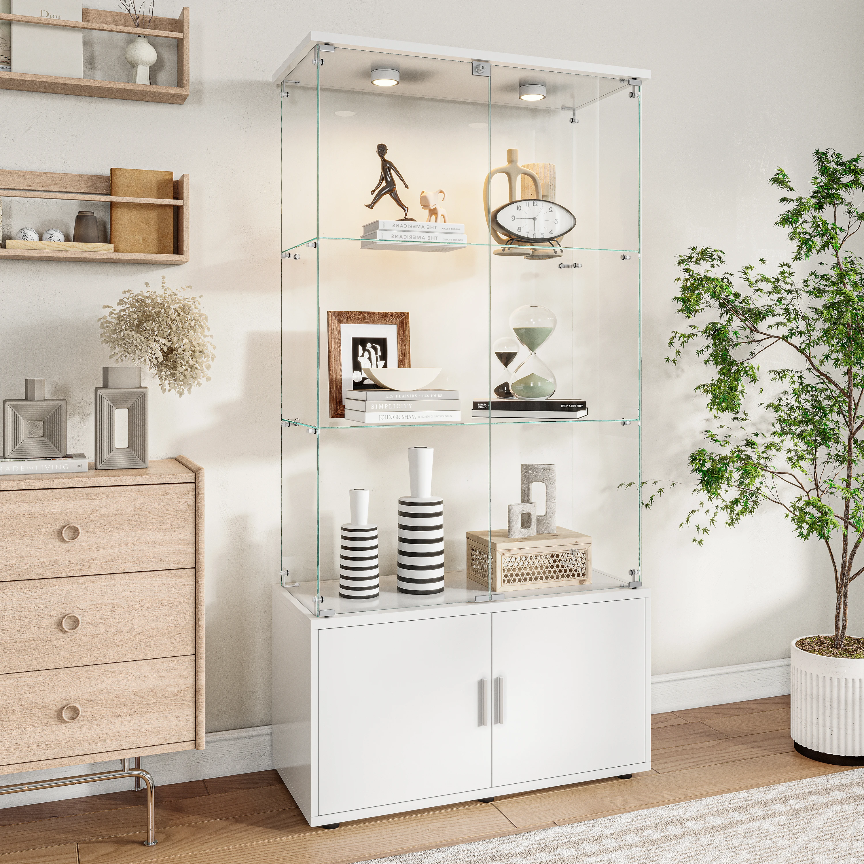 Vitrine Fangange avec portes en verre, vitrine à 3 niveaux avec éclairage LED et portes doubles, vitrine en verre