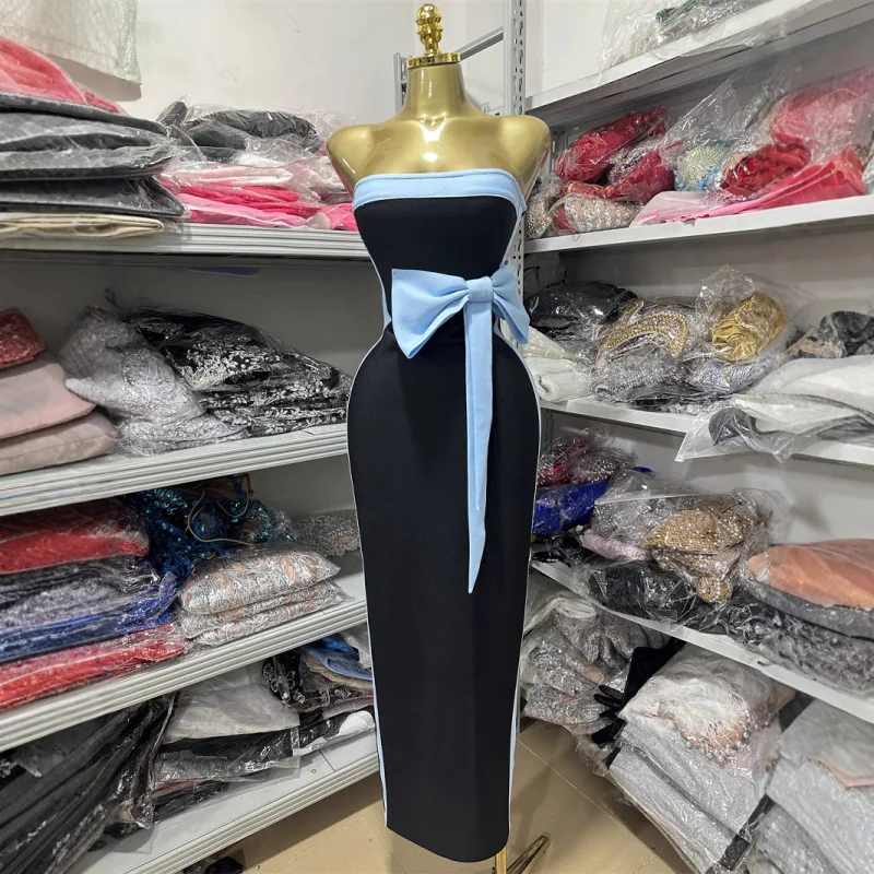

New European and American Style Backless Strapless Bow Decorated Patchwork Slim Fit Long Party Dress