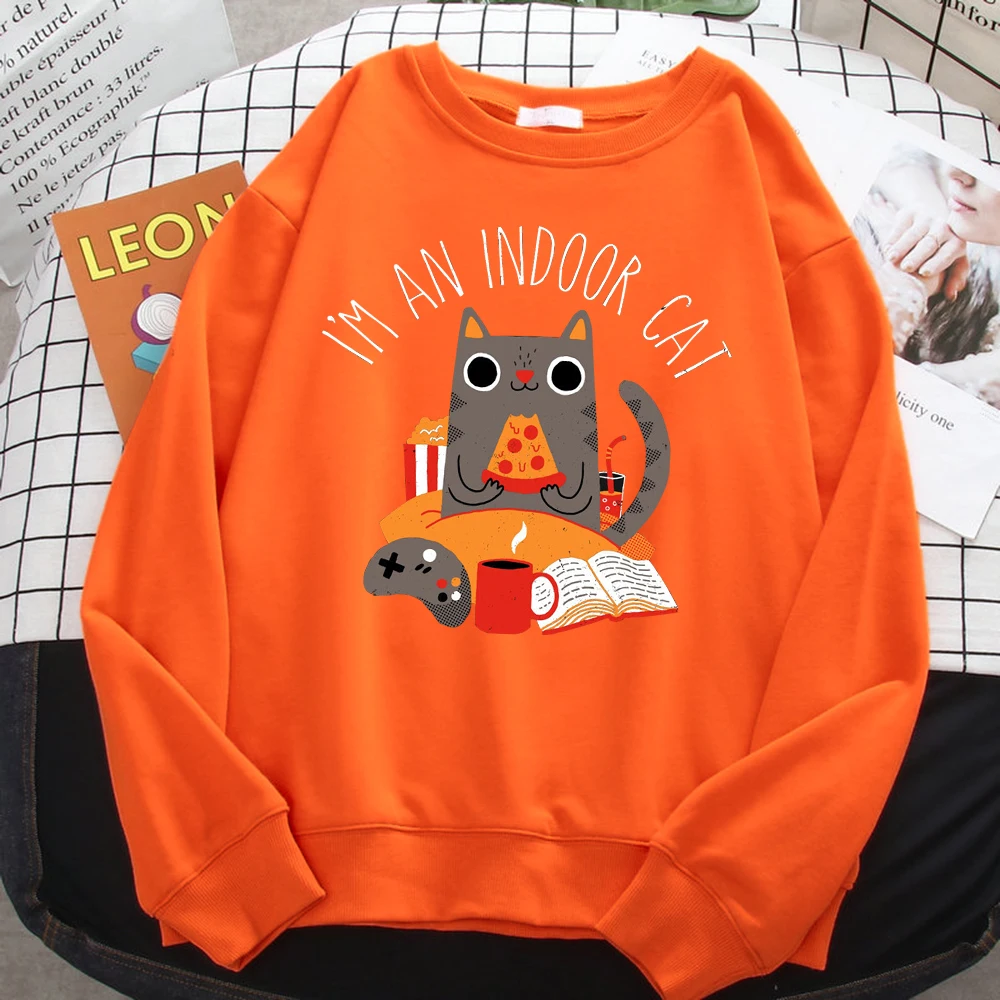 Street Women Sweatshirts Cat Sitting And Eating Pizza Printing Hoodies Comfortable All-Math Pullover Crewneck Loose Female Tops