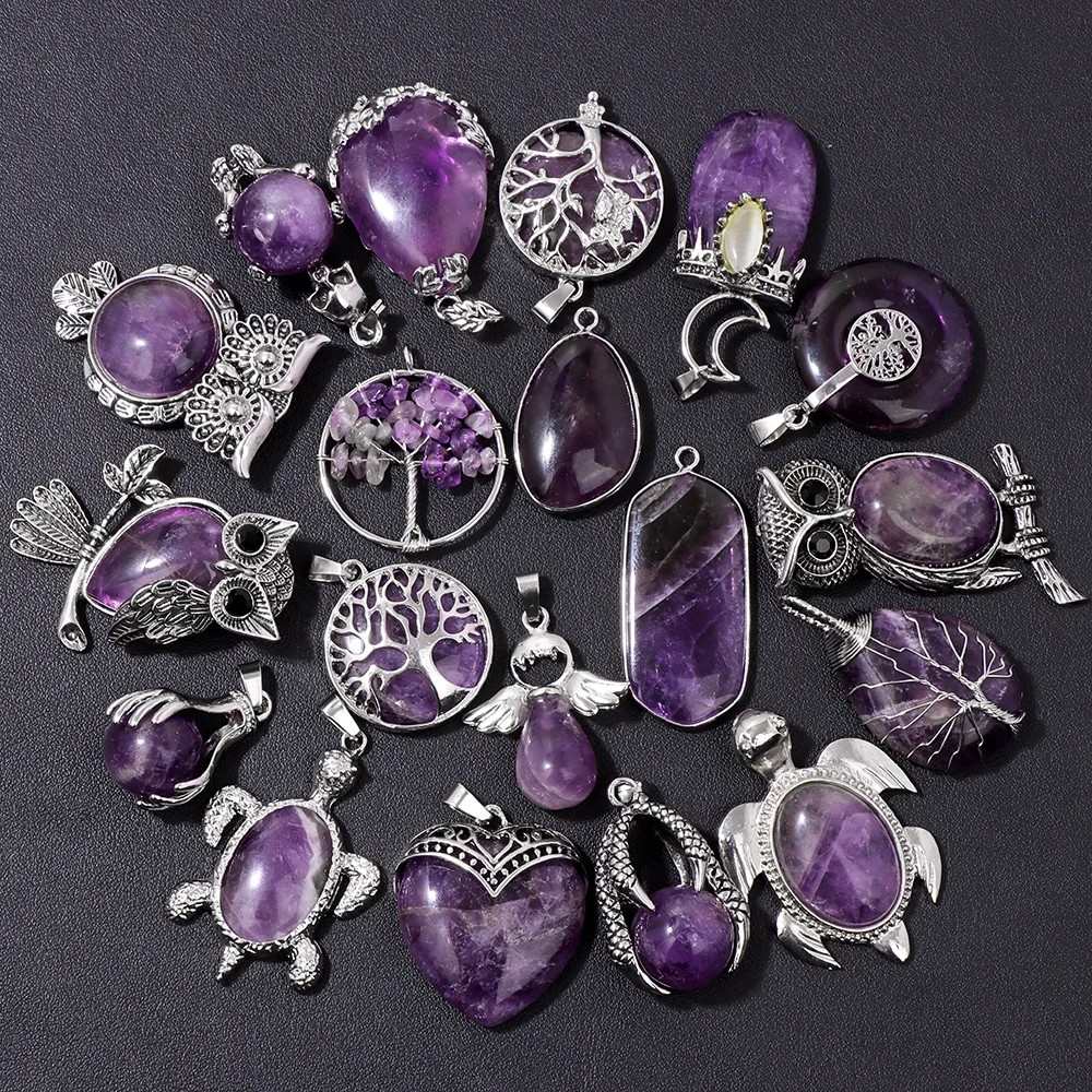 Natural Purple Amethyst Stone Pendant Owl Tree of Life Heart Shape Silver Color Charm For Fashion Jewelry Necklace Bracelet DIY