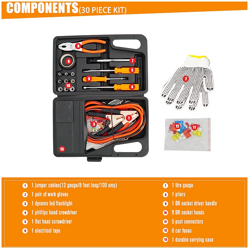 30 Pieces Vehicle Tools Car Emergency Repair And Rescue Kit With Jumper Cables