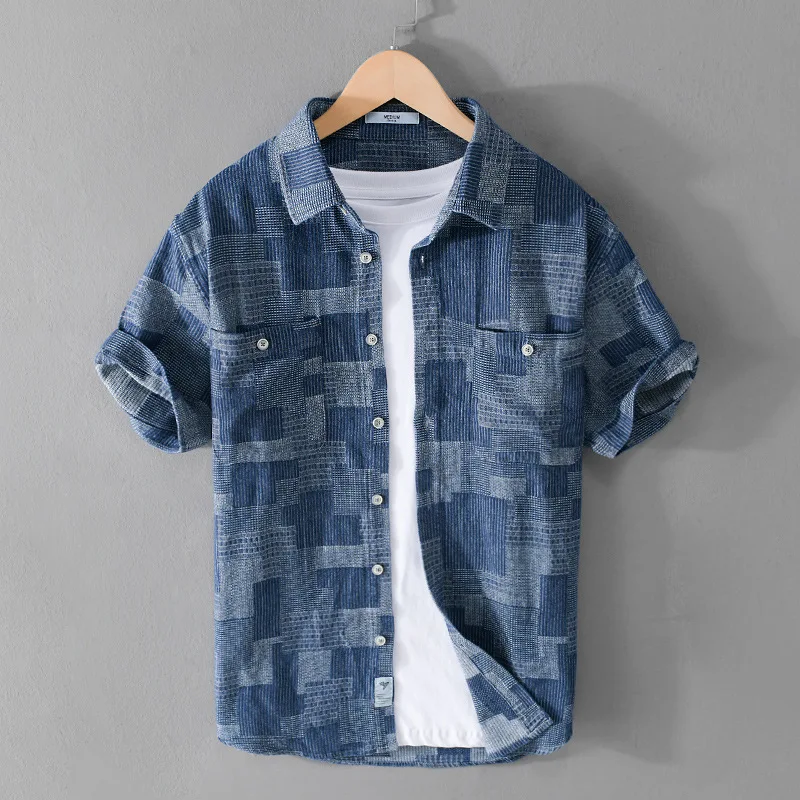 

Summer Fashion Blue Check Denim Shirts for Men Short Sleeve Loose Handsome Cool Plaid Workwear 24ss Y2k Youth Male Tops Cityboys