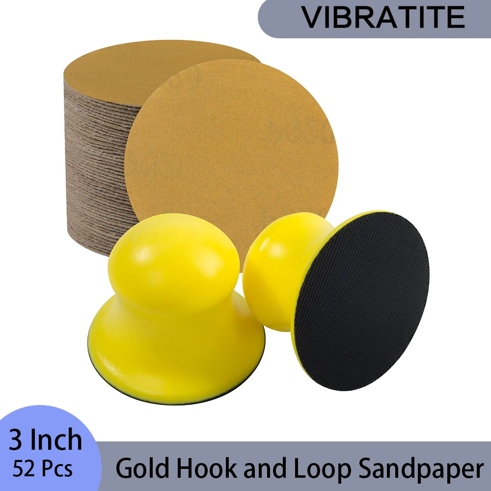 

3 Inch Gold Hook and Loop Sandpaper with Hand Sanding Block Assorted 40-1000 Grits for Woodworking Hobby Arts and Crafts Auto