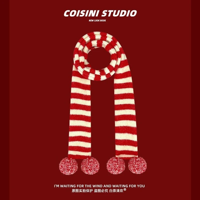 Korean Version Ins Fashion Contrast Stripe Cute Pompom Scarf for Women Winter Warm Neck Protection Versatile Knitted Scarves