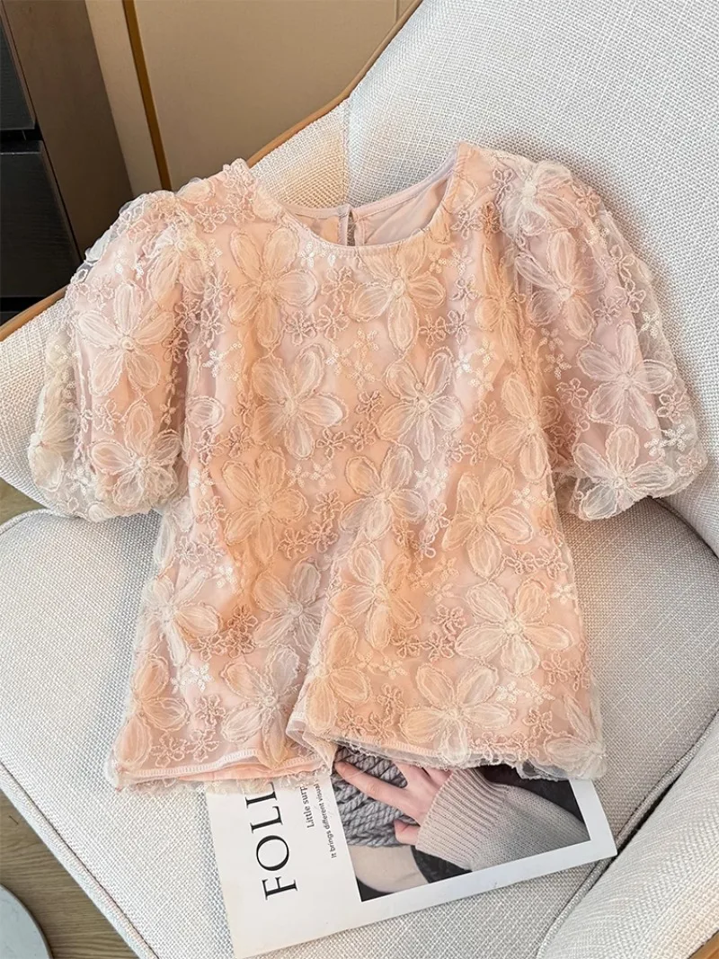 French Style Sweet Loose Elegant Top Heavy Work Sequin Florals Puff Sleeve Blouses 2024 Summer New Chic Fresh Fairy Blusas