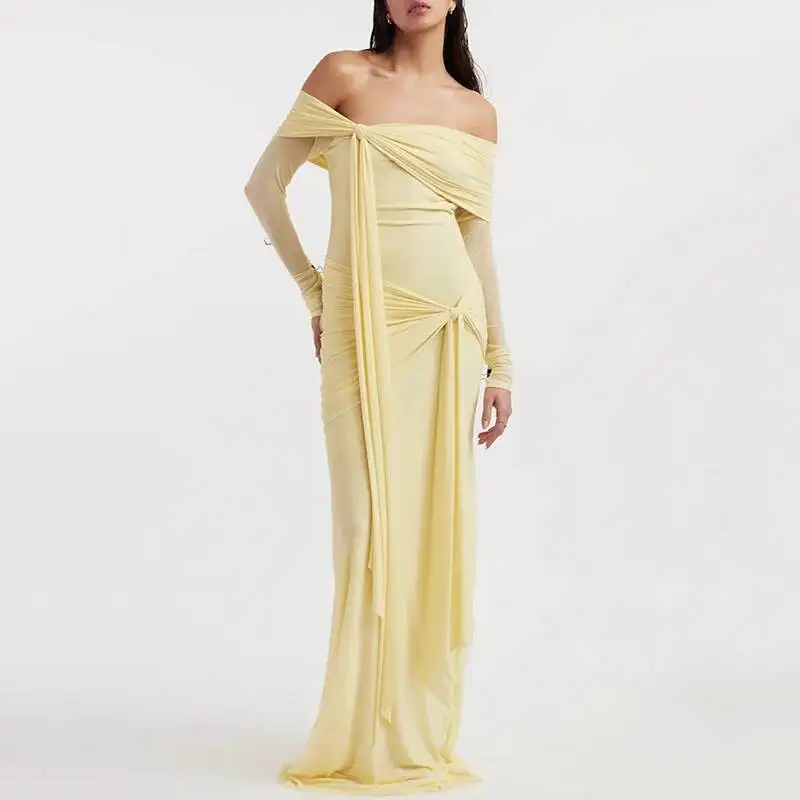 

HUISONG Fashion Women's Elegant Designer Dress Slash Neck Long Sleeve Asymmetric Long Sleeve Ribbon Shimming Dresses 2025 New