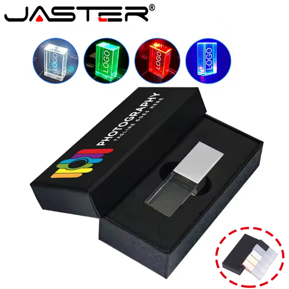 

JASTER LED Crystal Pendrive 64GB Free Custom Logo Small Black Box Wedding Photography Gift Gold USB Flash Drive Storage Stick