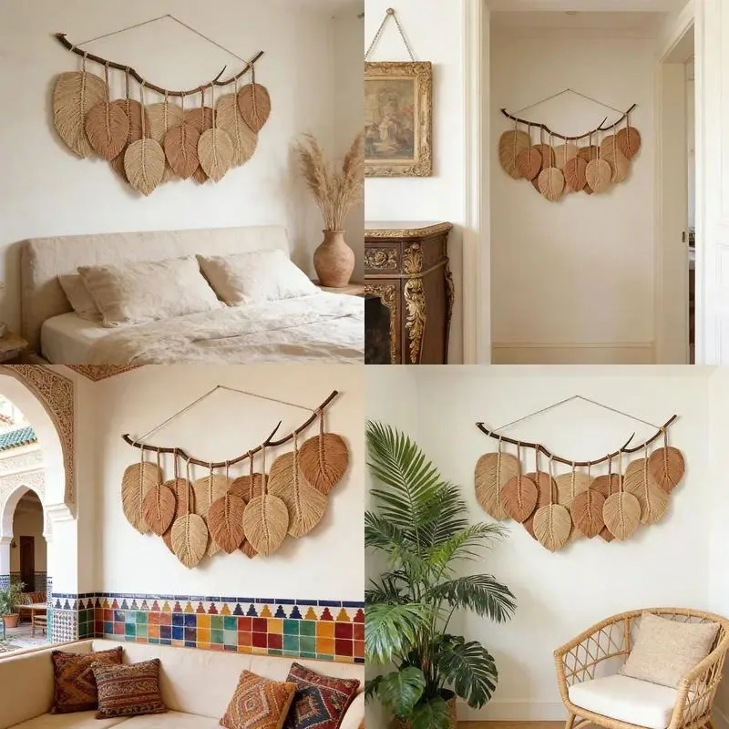 Wabi Sabi Handmade Lace Flower Wall Hanging Natural Leaf Weaving Art Decor for Bedroom