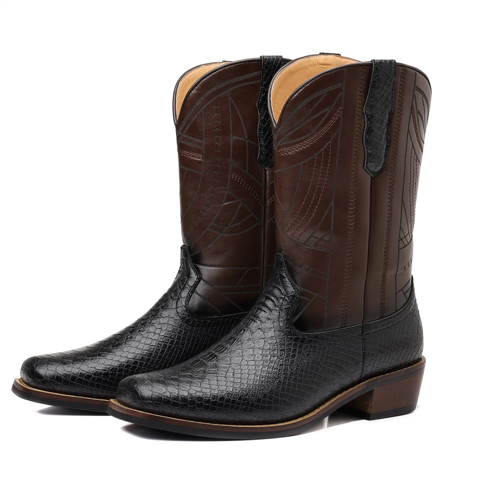 Men Cowboy Boots Snake Pattern Embossed Embroidered Boots Knight Boots Wooden Heel Sole Halloween Costume Shoes