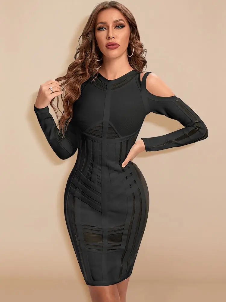 Bodycon Hollow Out Mesh Runway Dress Sexy Women Long Sleeve HL Bandage  Dress See Through Party Club Vestido Maxi XL