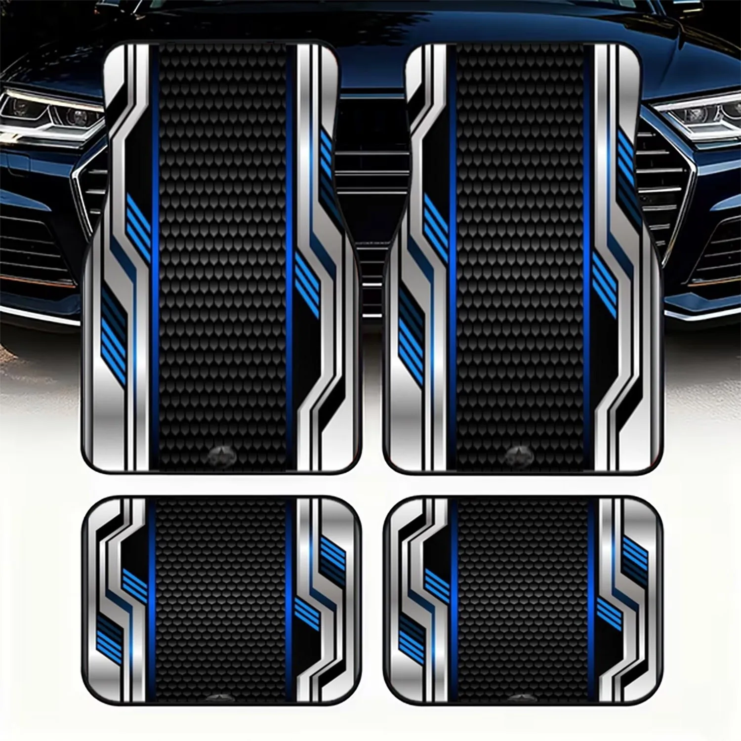 4pcs Car Floor Mats, Futuristic Hexagonal Grid Design With Metallic Silver And Black Sections, Blue And White Geometric Accents,