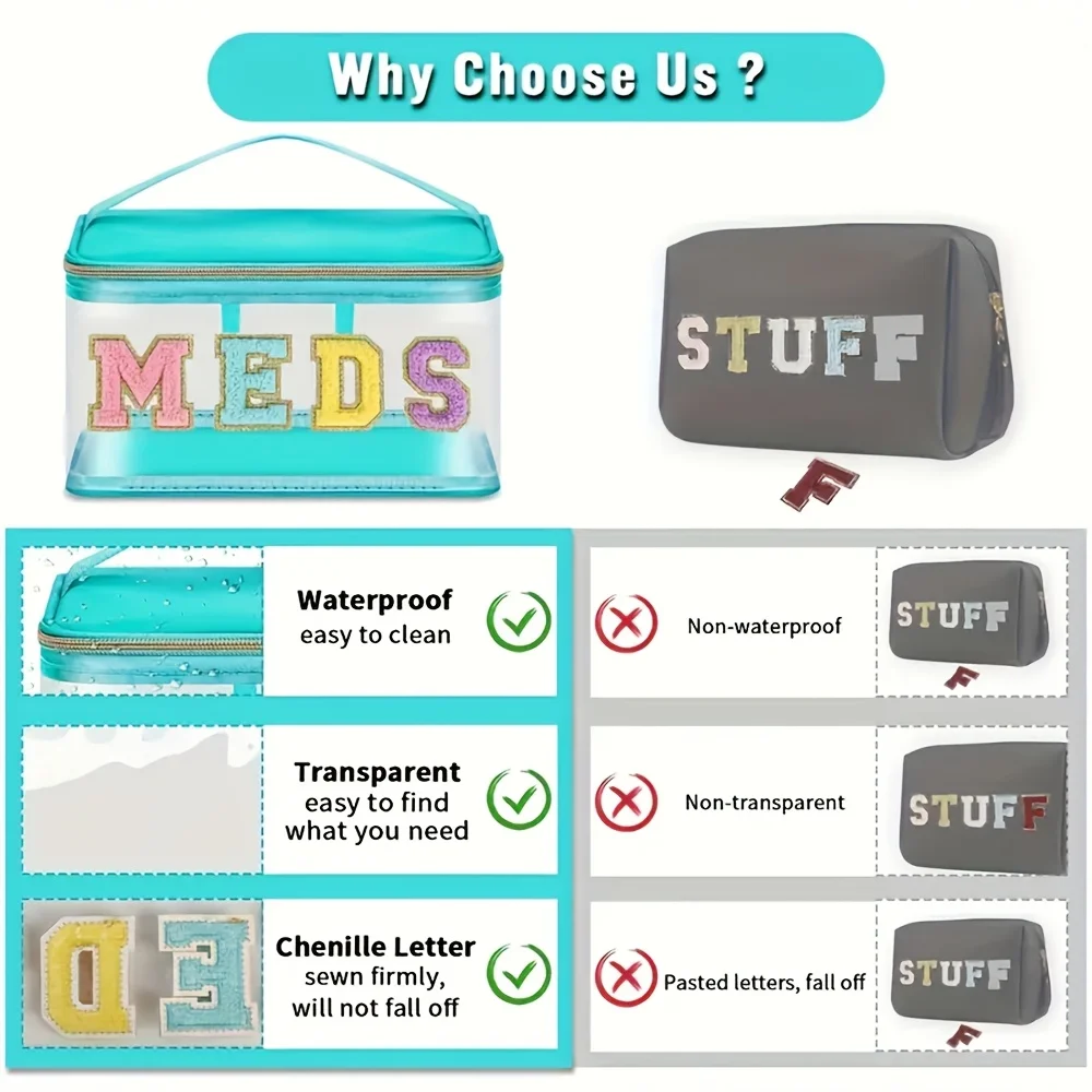 حقيبة أدوات الزينة ذات رقعة حروف من الشنيل، حقيبة مكياج MEDS، حقيبة تخزين طبية شفافة للسفر مع مقبض منظم مستحضرات التجميل