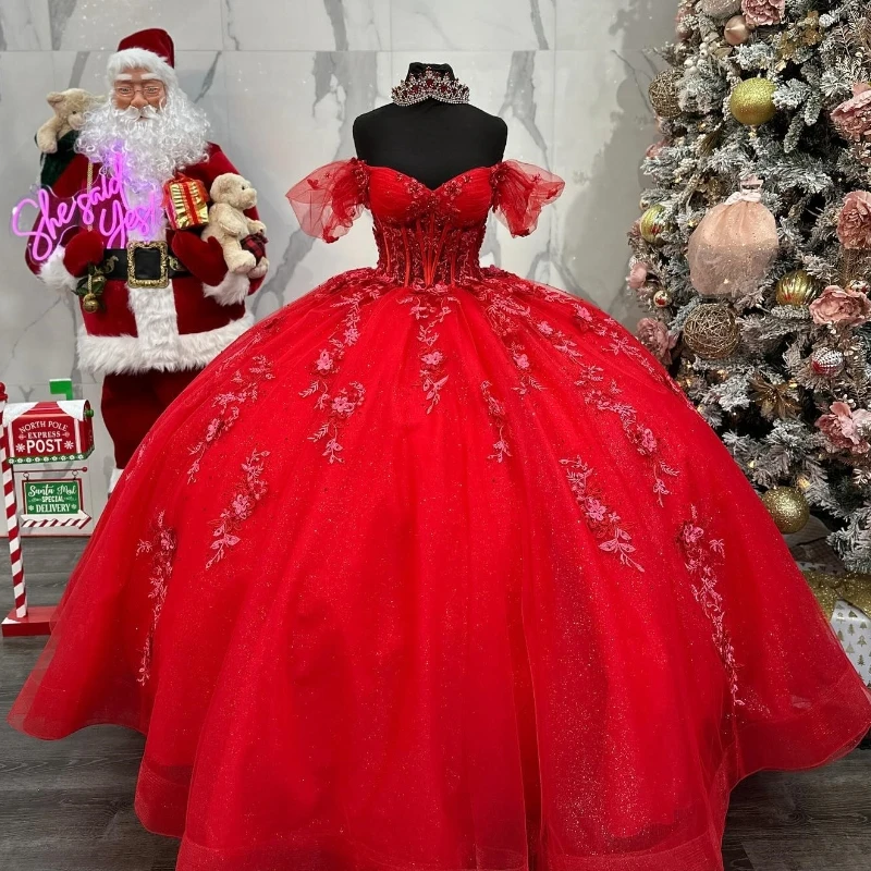 

Red 2024 Quinceanera Dresses Sweetheart Ball Gown Princess Birthday Gown Applique Lace Beads Tull Sweet 16 vestidos de 15