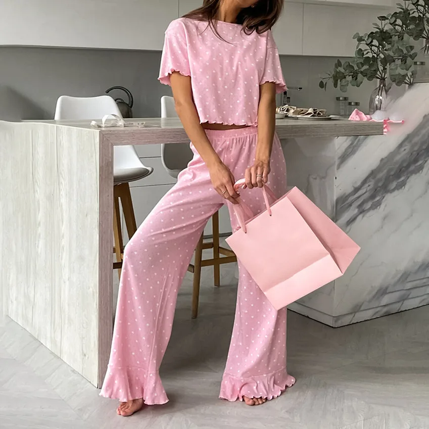 

Printed Knitted Spwear Set ort Sve Long Pants Home Clothes Two-Piece Set Comfortable Breathable Spring Faion Women'...