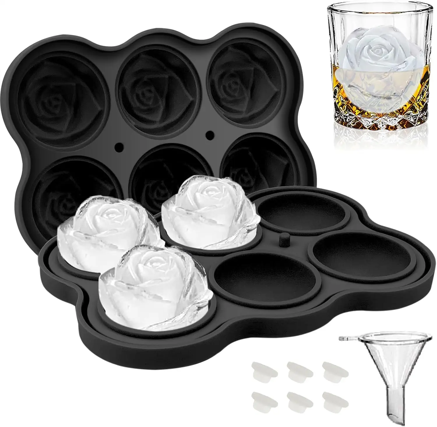 

Rose Ice Cube Tray 2 Inch [1 Mold + 1 Funnel + 6 Stoppers], 6 Cavity Silicone Rose Ice Cube Mold for Whiskey, Chilling Cocktails