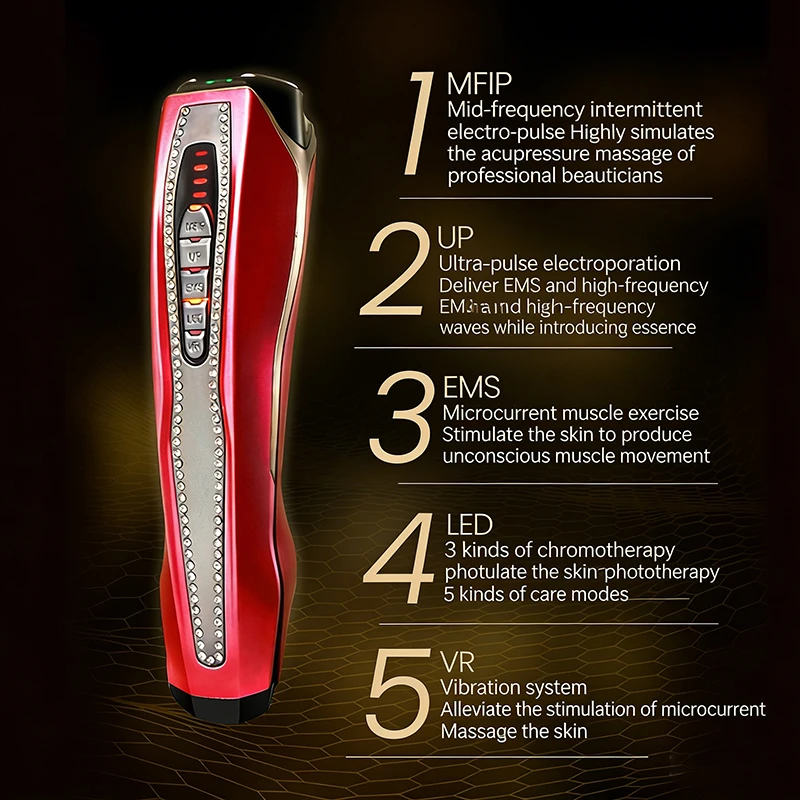 

Handheld Facial Wrinkle Remover With 5 Modes RF Promotes Collagen Production EMS Lifts Firms Face MFIP Lift Facial Contours