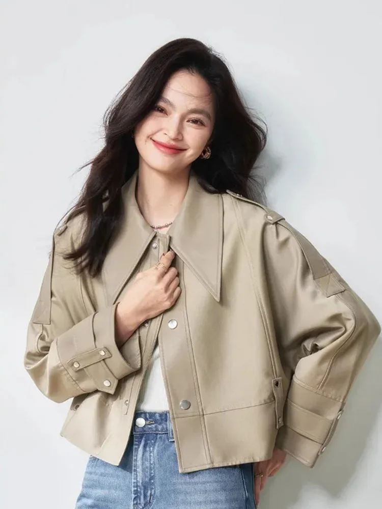 Amerikaanse Biker Retro Pu Jas Vrouwen Slanke Lange Mouw Streetwear Korte Jas Lente Vrouwelijke Vintage Single Breasted Y2K Moto Tops