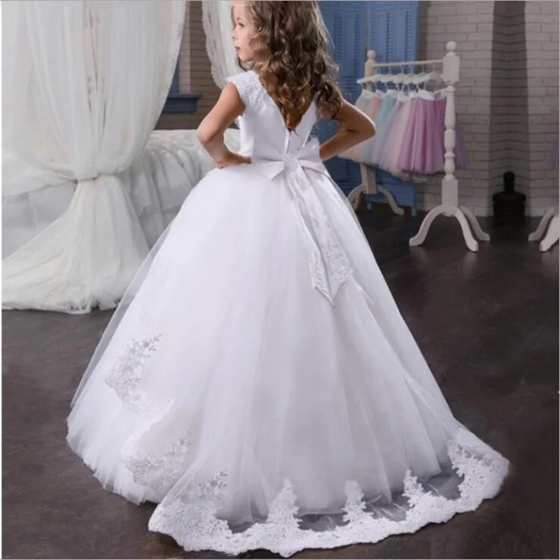 

Elegant White Wedding Girls Dress Trailing Tulle Bridesmaid Princess Kids Party Dresses for Girs Flower Bow Evening Gown 8-12Yrs