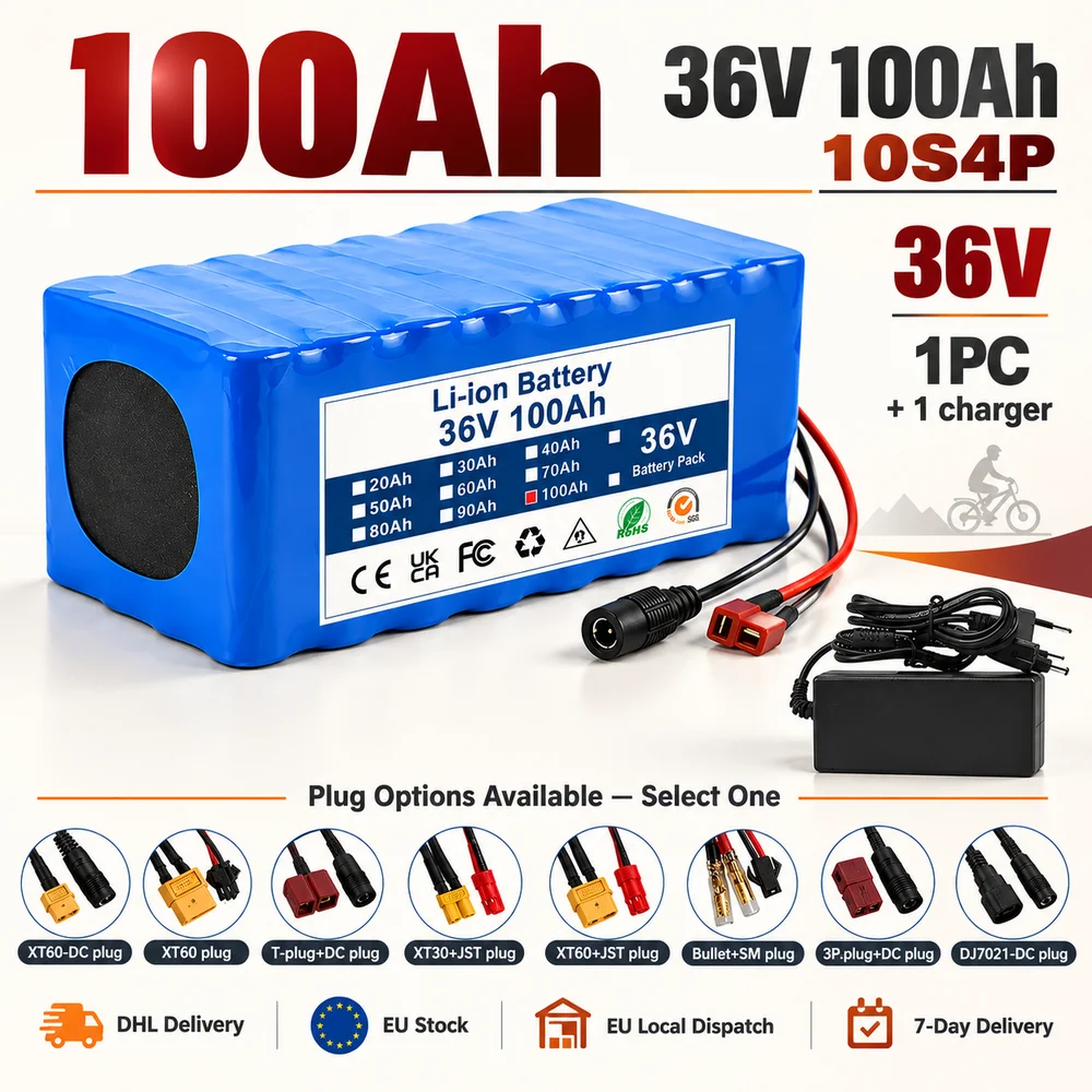 Image of 36V 100Ah 10S4P Akku-Pack der Marke des Verkäufers, wiederaufladbar, GB-BP-36V-100Ah-10S4P mit XT60-DC-Stecker, XT60-Stecker, T-Stecker+DC-Stecker und Ladegerät-Option
