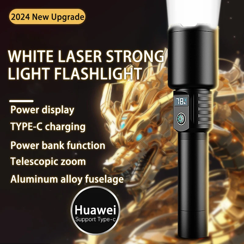 Strong Light Spotlight Hiking Flashlight 100,000 Lumens Telescopic Zoom Long-range TYPE-C Rechargeable Flashlight