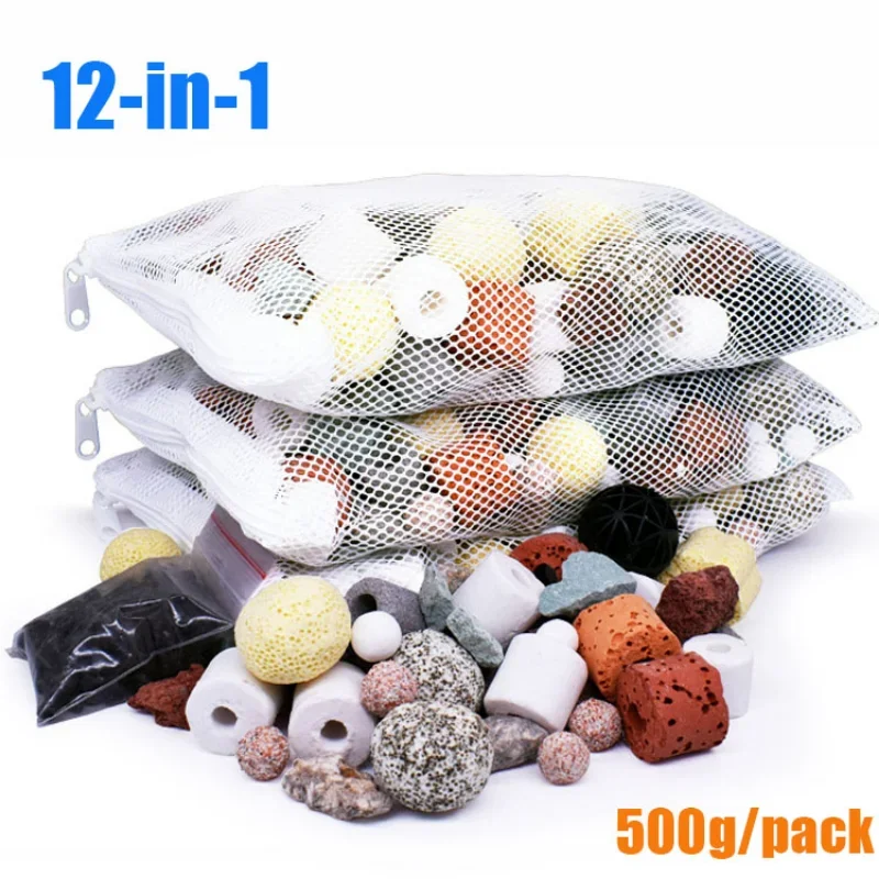 500g Aquarium Filter Media Fish Tank Accessories Ceramic Rings Activated Carbon Bio Balls Clear Water with Net Bags