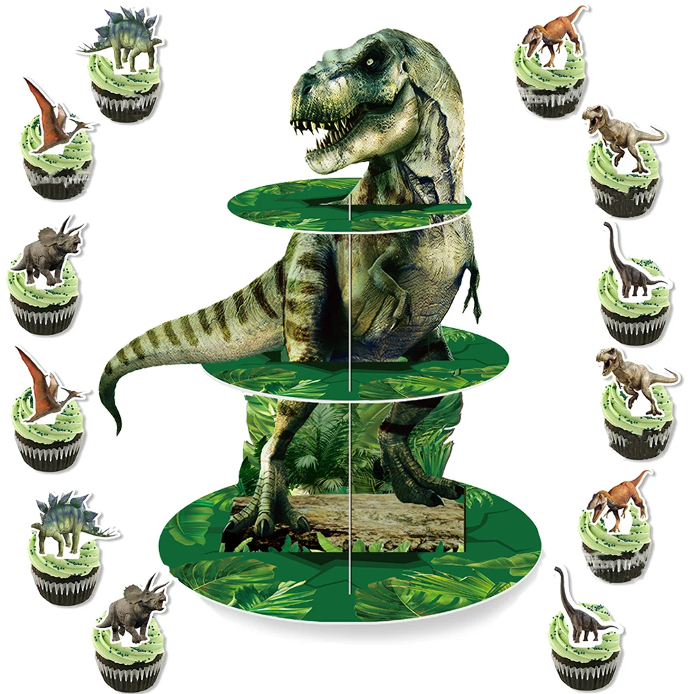 3-layer ديناصور كب كيك حامل ديناصور موضوع برج الحلوى الاطفال الكرتون ديناصور الغابة موضوع حفلة عيد ميلاد ديكور لوازم