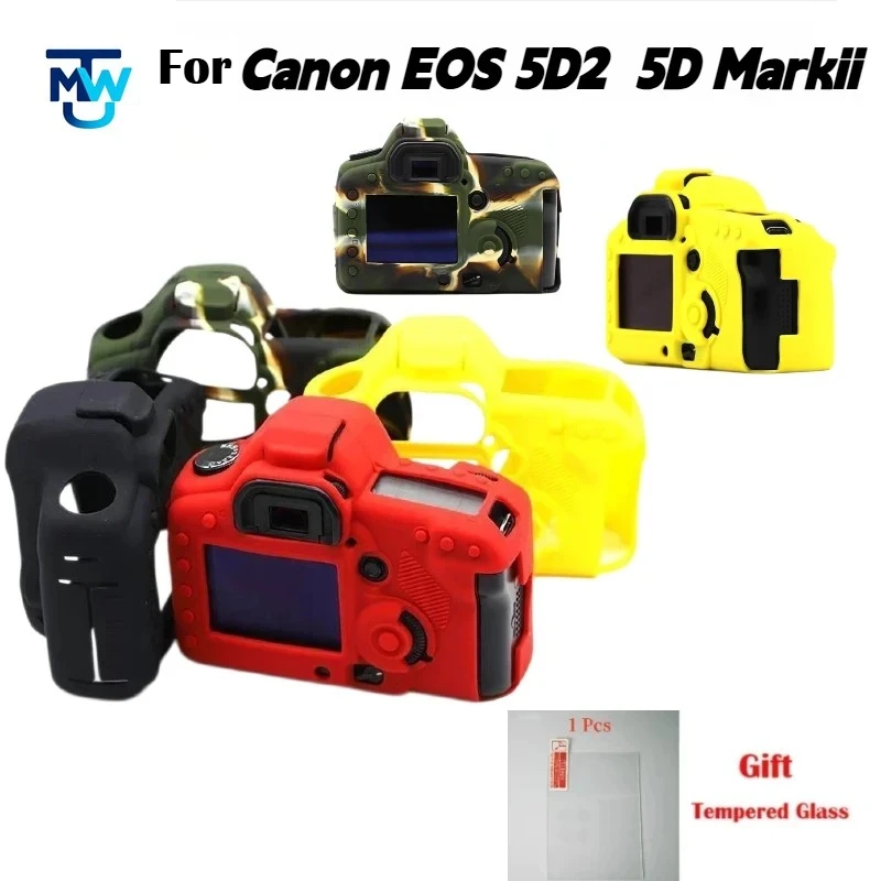 For Canon EOS 5D2 5D Mark II Soft Silicone Camera Case ，Shockproof Anti‑Scratch Protective Cover Skin + 1PCS Free Tempered Film