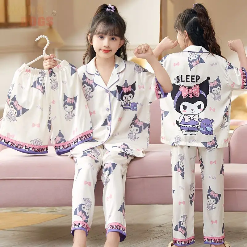 

Sanrio для девочек с короткими рукавами, 3 шт., штаны Kuromi для девочек, новый стиль, модные пижамы Cinnamoroll для девочек, летняя домашняя одежда для родителей и детей