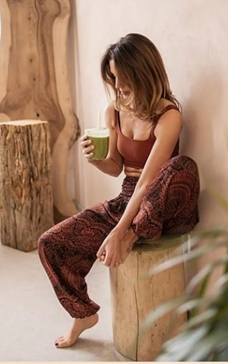 ผู้หญิงโยคะ Boho กางเกงเลกกิ้งพิมพ์ลายดอกไม้พร้อมกระเป๋าฮาเร็มโบฮีเมียนเอวสูงเอวยางยืดและสายรัดข้อเท้า
