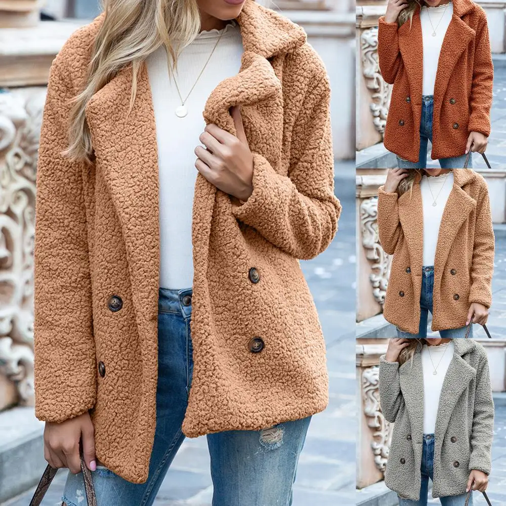 Warm Jacket Buttons Open Front Faux Fleece Women Coat Long Sleeve Winter Lapel Jacket