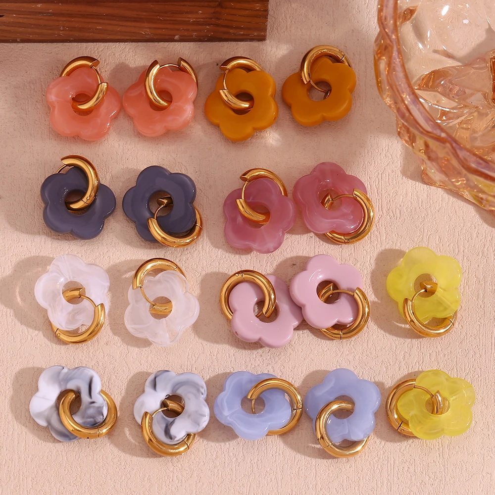 E.B.belle Resin flower Accessories Hoop Earrings Y2K Women's Earrings 18K Gold Plated Colorful Tarnish Free 316L Stainless Steel