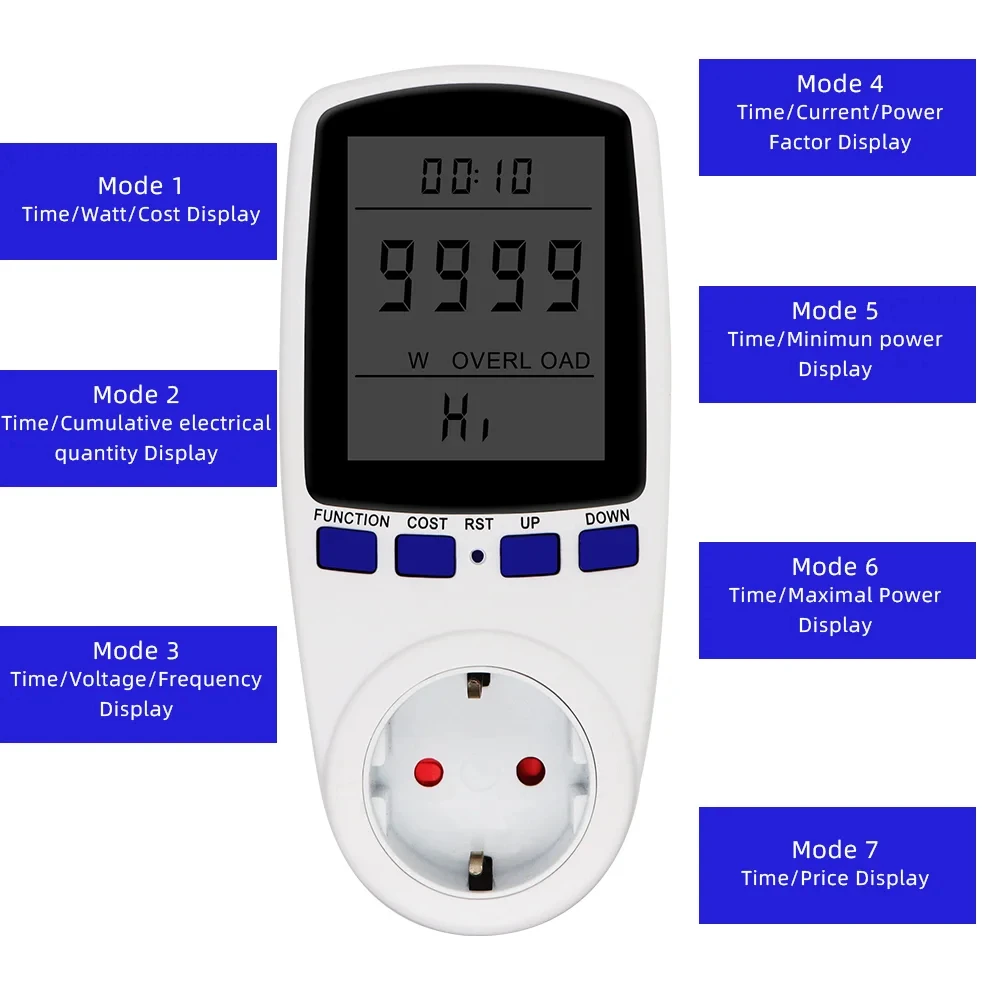 For EU Plug Overload Protection 7 Display Models 220V Digital LCD Power Meter Wattmeter Socket Wattage Kwh Energy Measuring