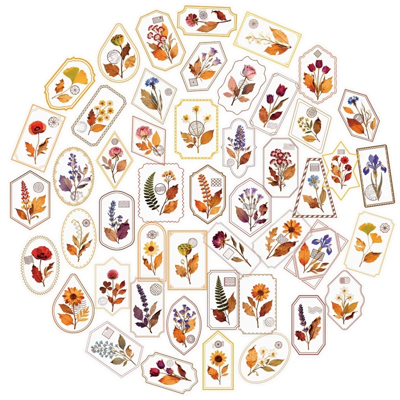 56PCS Vintage Orange Flower PET Sticker Aesthetic Hand Accounting Transparent DIY Decoration Scrapbooking Supplies