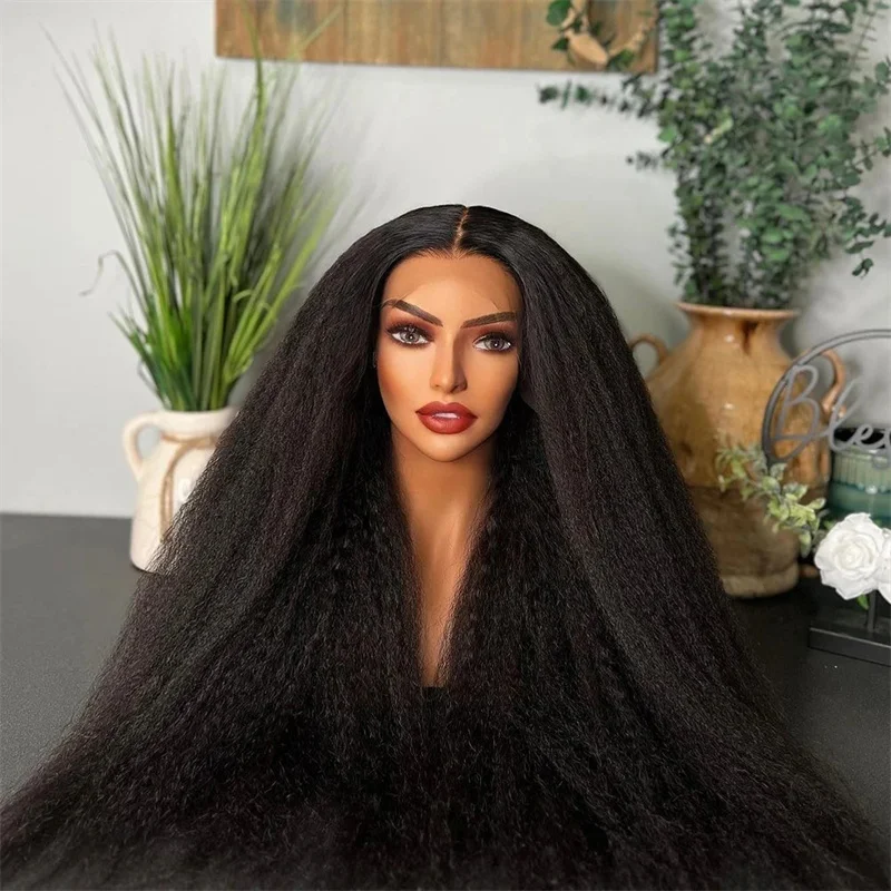 

Long 26inch Soft Black Yaki Kinky Straight Lace Front Wig For Women With BabyHair Preplucked Synthetic Glueless Daily Wear Wig