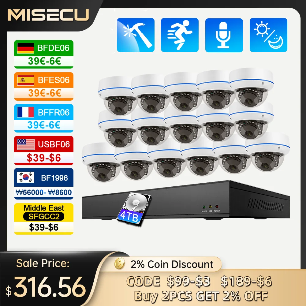 

MISECU CCTV 16CH 4MP POE Camera Security System Face Detect Vandalproof Audio Record E-mail Alert Video Surveillance NVR Kit