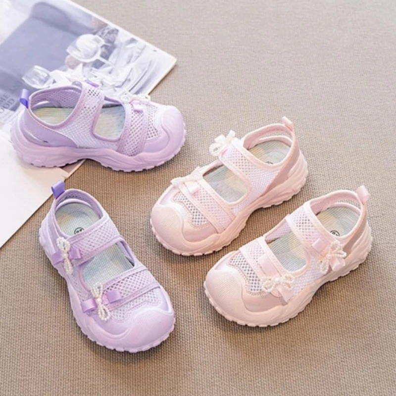 2026 Summer Shoes for Girls Fashionable Multi functional Baotou Sandals Solid Color Breathable Mesh Bow Non slip Soft Bottom