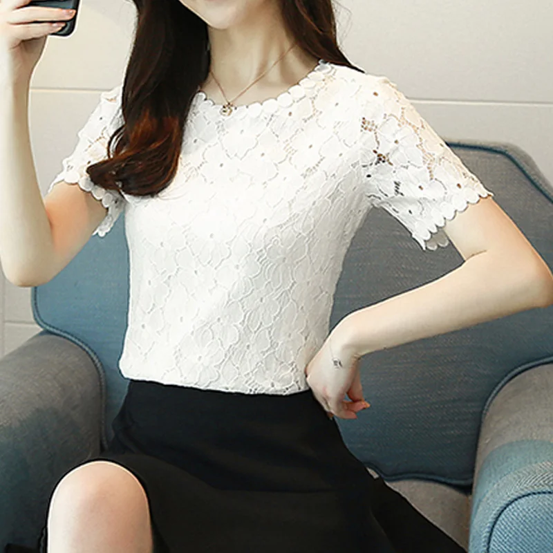 New Fashion Summer Short Sleeve Blouse Lace Women\'s Tops Sweet O-neck Clothing Elegant Shirt White Hollow Out D710