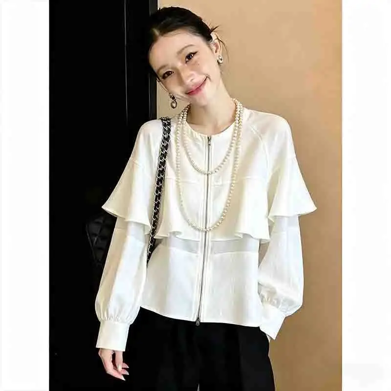 Korean Style Women Round Neck Ruffle Patchwork Mesh Short Jacket Thin Long Sleeve Zipper Casual Cropped Coat