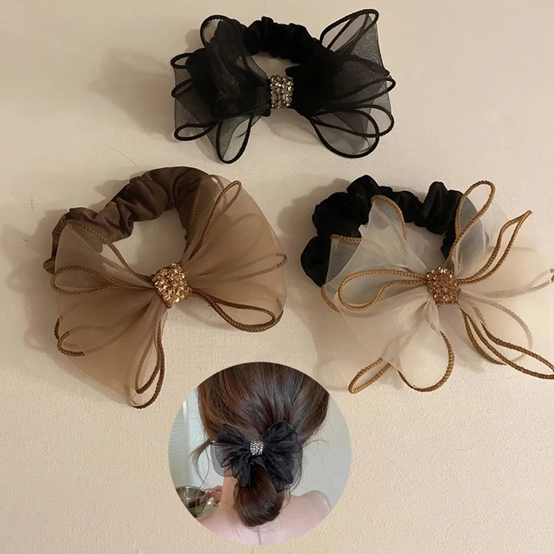 Hair Rope for Women Bow Elastic Scrunchie Ribbon Pretty Hair Tie Ponytail Holder Hairbands Fashion Rhinestones Hair Accessories