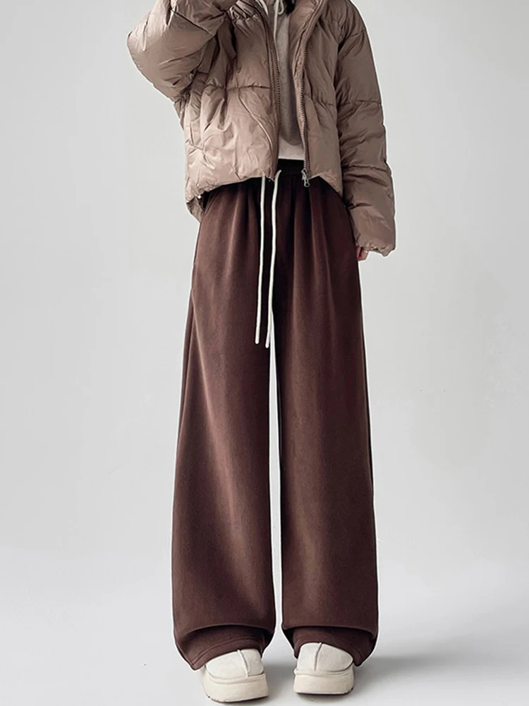 خريف شتاء بنطال ذو قصة أرجل واسعة النساء خمر فضفاض عادية كسول الرياح مستقيم بنطلون الصلبة بسيطة سميكة Harajuku مكتب سيدة السراويل