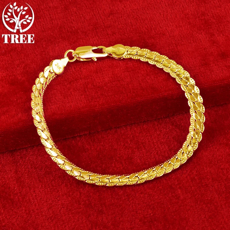 ALITREE 24K Yellow Gold Side Chain Bracelets For Woman Men Fashion Party Wedding Engagement Charm Jewelry Christmas Lovers Gift