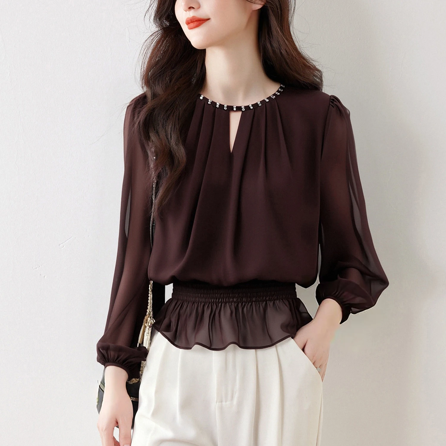 

Perspective Mesh Sleeve Casual Coffe Shirt Tops Women Rivet Collar Elastic Cuffs Fashion Women Blouses 2026