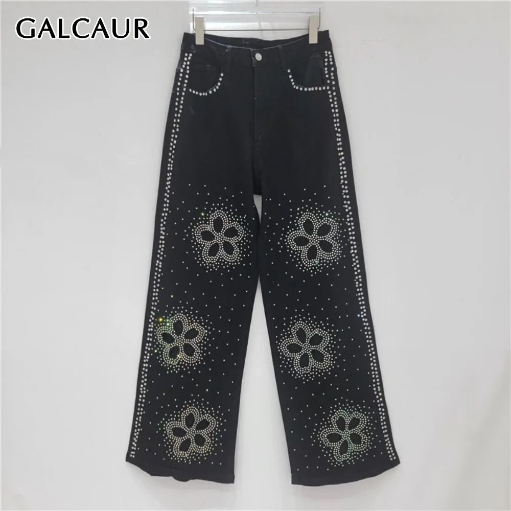 

GALCAUR Solid Spliced Diamond Chic Trouser Female High Waist Loose Streetwear Basics Women's Long Pants Summer New Style Fashion